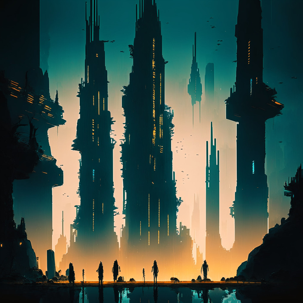 A stark, dramatic landscape showing a futuristic, cyberpunk city with tall, architecturally intriguing skyscrapers glowing with digital lights, signifying the rise of a tech innovation. Beside it, ruinous structures lie half-submerged in shadow, denoting the fall. A group of tiny figures representing influencers are traversing a golden, blockchain-linked path going up and then abruptly collapsing, hinting at the volatile journey of the tech innovation. Paint the scene in a semi-realistic style, with heavy contrast between lit and dark areas to highlight the mood of hope and subsequent disappointment. Play with cooler tones for the tech city and warm tones to illustrate decay, to further emphasise the contrast between rise and fall. Make the mood somber, evocative of a lesson learned from a turbulent journey.