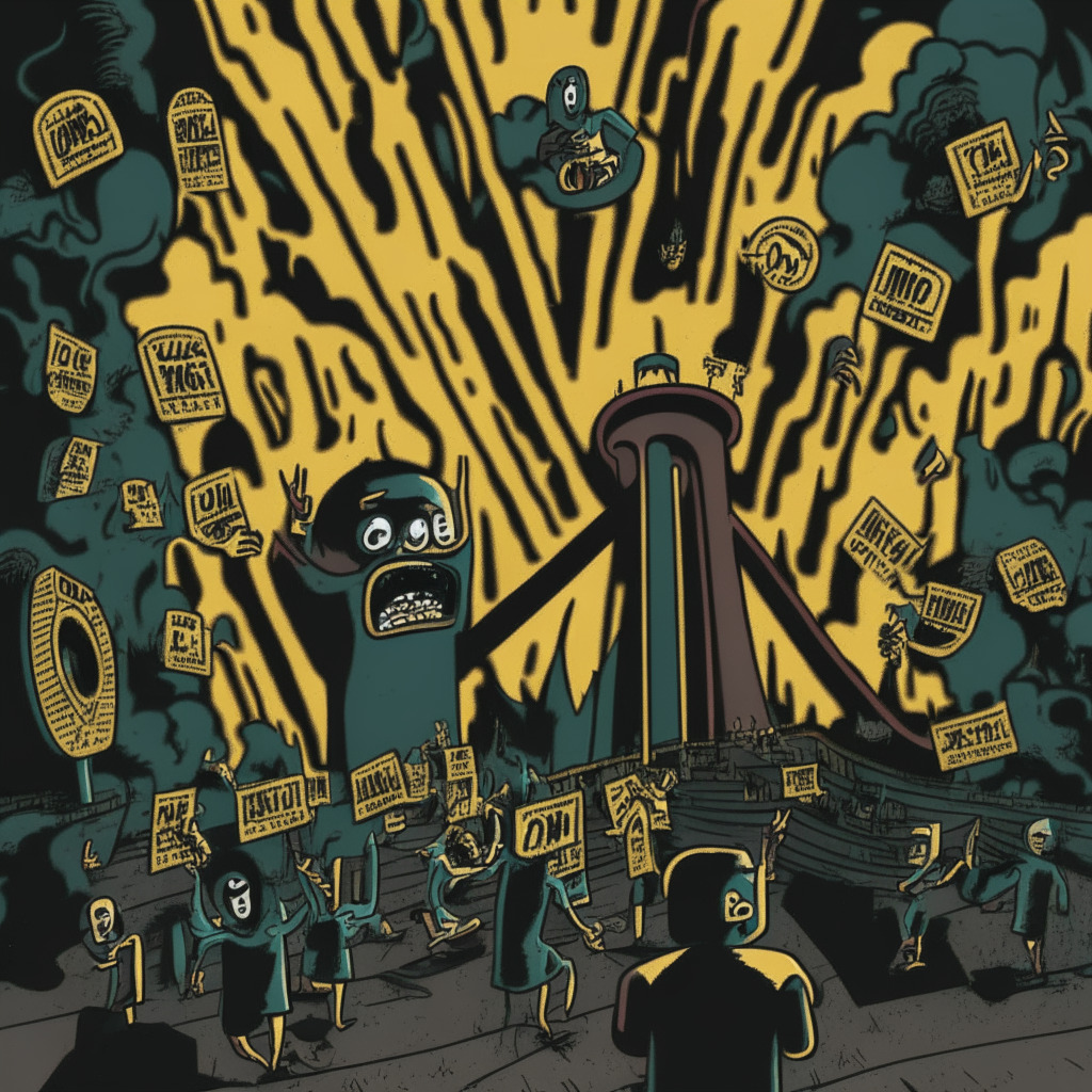 An elaborate, surreal scene depicting the volatile journey of a cartoonish, personified crypto token named 'Wojak'. Use dark, somber colors to symbolize the rise and immediate fall in the crypto market. Include symbols of market panic like a flaming market ticker, a rollercoaster, and horrifically fallacious charts. Have a gathering of cheering forms in the background, embodying the rapid growth and decline of enthusiastic investors within a cloudy, misty backdrop. Show 'Wojak' shining brilliantly during his peak while falling into an abyss later to evoke despair. Add a contrasting, hopeful corner depicting the emergence of a new token under a bright spotlight, hinting at another unpredictable journey. The overall tone should capture both the exhilarating thrill and the grim dangers of the cryptocurrency world.