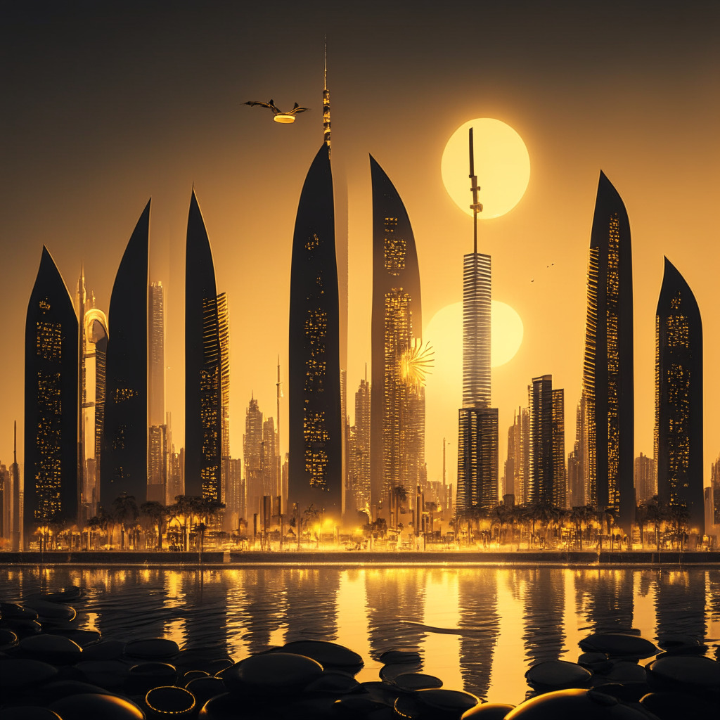 Dusk settling over a bustling, modern cityscape in Abu Dhabi, a traditional scale balancing gold coins and digital symbols of Bitcoin and Ethereum. The city's skyline is a mixture of warm, glowing lights, casting long shadows and evoking a sense of both excitement and apprehension. Mix of modern realism and surrealist style to contrast the physical and digital aspects.
