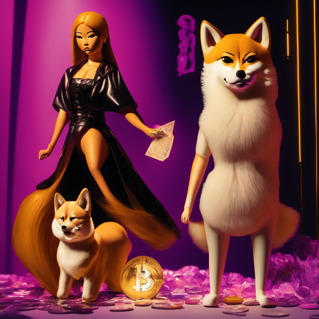 An embodiment of pop culture and cryptocurrency, featuring a Shiba Inu side by side with a popular Barbie doll. The scene is illuminated by low, moody lighting, and the aura is one of high-stakes, mystery and risk. The visual tone should convey gusts of wind to represent the 'windfall', intertwined with unsettling elements that convey the 'gamble'. Shiba Inu's eyes met with Barbie's, highlighting the fusion of two different worlds. In the background, a volatile graph line pulses, signifying the mysterious nature of the crypto market. A bot visible in the backdrop, displaying the innovative aspect of AI technology, adds a futuristic style to the scene.