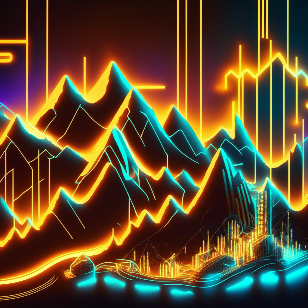 An abstract, futuristic financial landscape lit by cool neon lights, visualizing the volatile journey of the RUNE cryptocurrency. Show a thrilling roller coaster with ups and downs depicting the market fluctuations. In the foreground, a Golden Cross pattern to symbolize the long-term bullish trend. Set against a backdrop of a looming, clouded mountain range to represent final resistance level. Incorporate an overbought RSI indicator as a warning beacon. Transition the landscape to a budding forest flourishing with meme coins, featuring chipper sounds to convey a hopeful mood. See a large, imposing coin styled after the Sonik Coin, resplendent and superior amongst others, glowing with the attractive APY staking rate. Side by side with it, place Pepecoin with its impressive returns. Amplify the high-risk element with an erupting volcano in the distance.