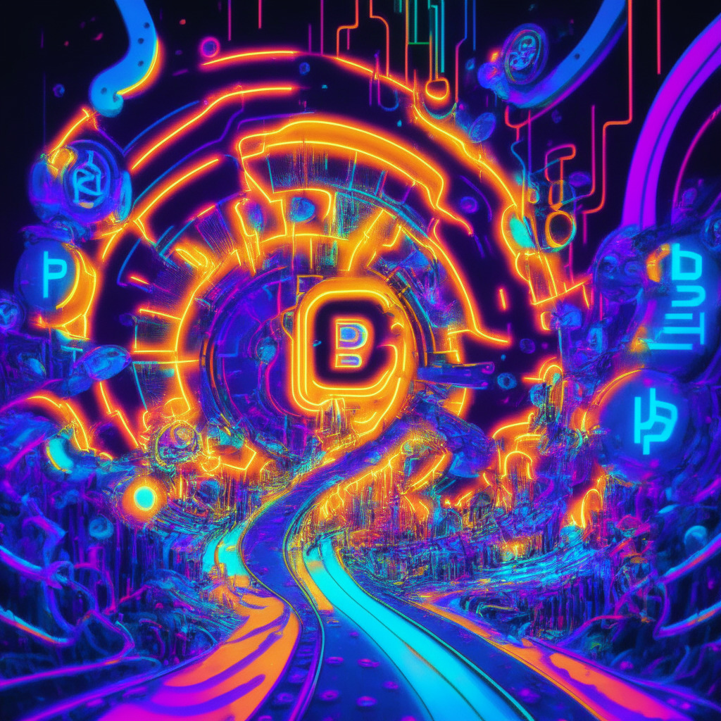 A vibrant rollercoaster ride through a dynamic cyberspace, bathed in a surreal glow of neon colors. The path, dotted with abstract cryptocurrency symbols, oscillates between sharp stunning highs and deep imposing lows. The cogwheel tracks represent PEPE coin's resilience and Shibie Token's promising rise, bathed in cool blue and warm gold light respectively. The light setting gives a sense of mystery and caution signifying the risky nature of crypto trading. The overall mood of the image should be one of daunting wonder and thrilling suspense, imbued with an air of uncertainty and anticipation..