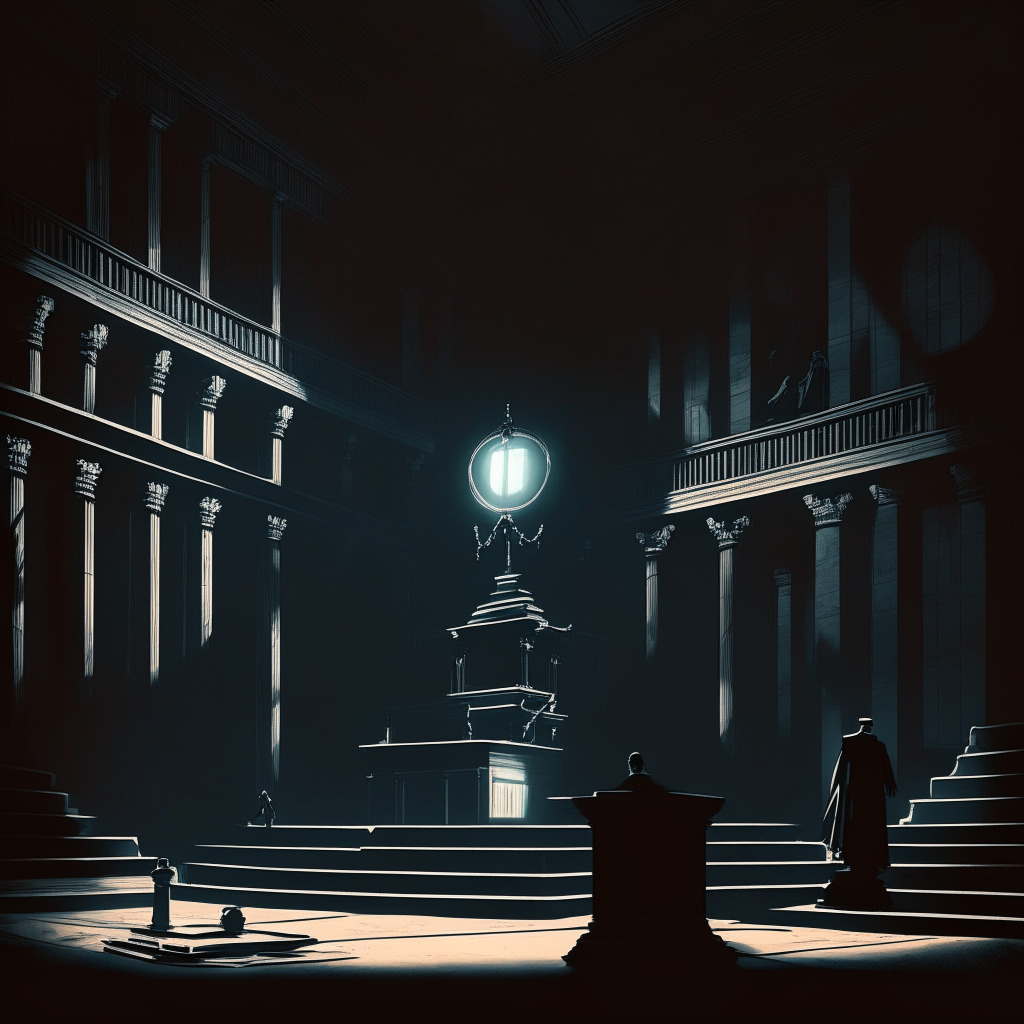 A night-time scene in a historic, monumental courtroom. A grand scale balance tipped askew, one side weighed heavily with cryptic code symbols representing cryptocurrency, the other side carrying a thick law book signifying regulatory authority. A stark spot-light illuminating the balance, casting long, ominous shadows, evoking a sense of tension and impending decision. Around the outskirts, ghostly silhouettes of various figures representing different stakeholders. The scene rendered in an artistic style reminiscent of noir-films to underscore the covert, high-stakes nature of the scene.