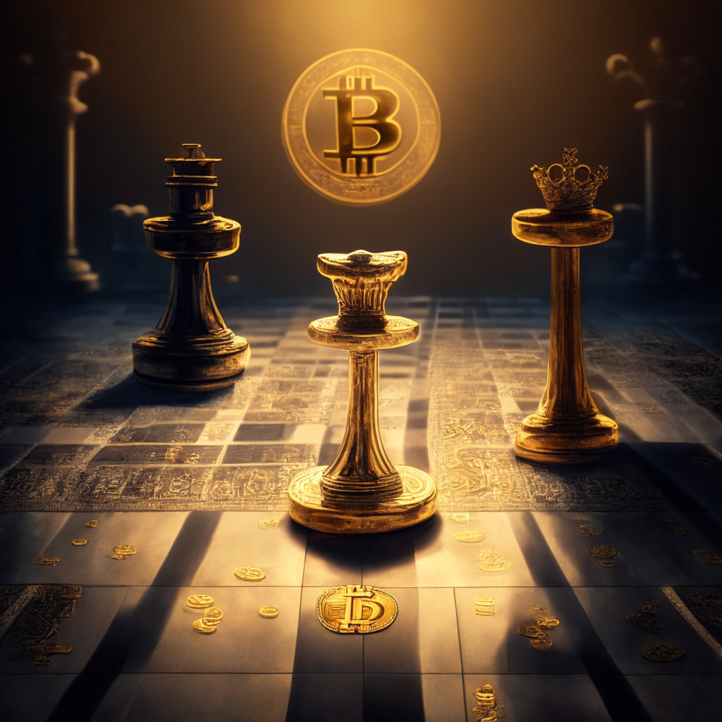 A juxtaposed image of a traditional scale with a golden bitcoin on one side and the SEC logo on the other, a chessboard beneath them representing strategic plays. The scene displays a soft evening light creating a mood of anticipation, it's painted in a surreal style that reflects the tension and uncertainty around the blockchain future.