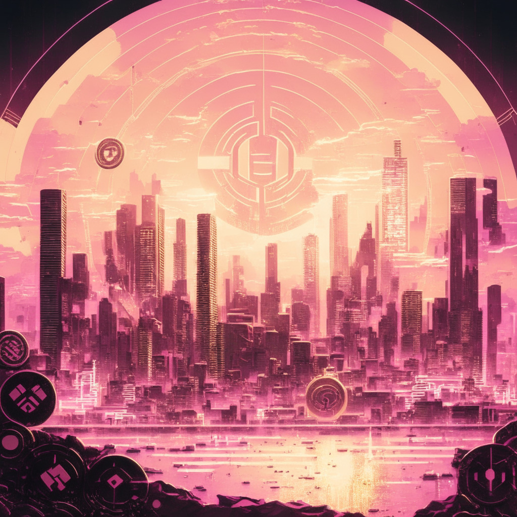 An intricate digital cityscape at dawn, awash in subtle hues of pink and gold, populated by the symbols of digital currencies. In the center, a gleaming coin etched with a lightning-fast silhouette - a homage to the gaming-internet culture. In the distance, other coins rotate slowly, casting competitive glances. A detailed, futuristic representation of staking smart contracts, digital rewards, and tokens are interwoven seamlessly into the cityscape. There's an air of apprehension yet excitement - a poignant reminder of the unpredictable crypto world. This is visualized in a surrealist art style, playing with lights, shadows, and unconventional city formations to convey the game-changing potential and uncertainties of the crypto venture.