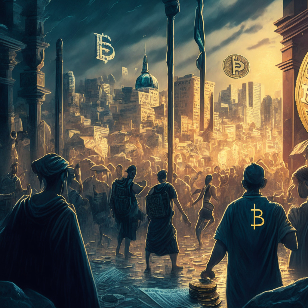 A digital art detail depicting currencies in the world of a tumultuous economic landscape. An Argentine scenery bustling with activity, hinting at vibrant Bitcoin adoption, contrasted by a Salvadorian setting showing a cautious approach. Add a dim city light backdrop, enigmatic figures in the foreground, embodying the curious, hesitant tone, traditional and futuristic element blend.