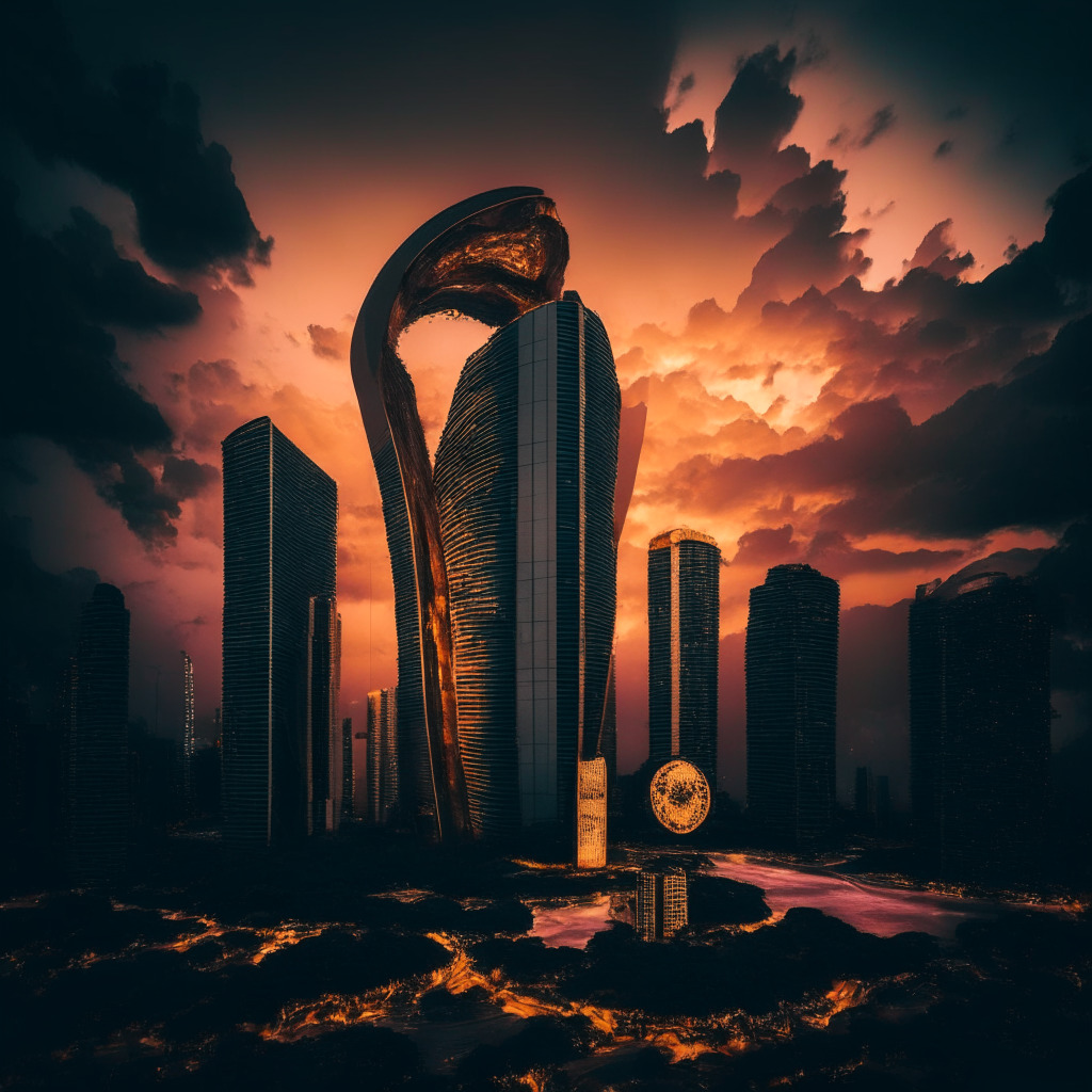Surrealistic twilight setting over Singapore, featuring a dilapidated skyscraper signifying Hodlnaut on the verge of bankruptcy, 75% part of it swallowed in a luminous whirl, symbolizing OPNX's takeover. A stream of golden FLEX token coins breathes life into the building, set against a backdrop of uncertain, stormy sky. Mood: Suspense and rebirth.