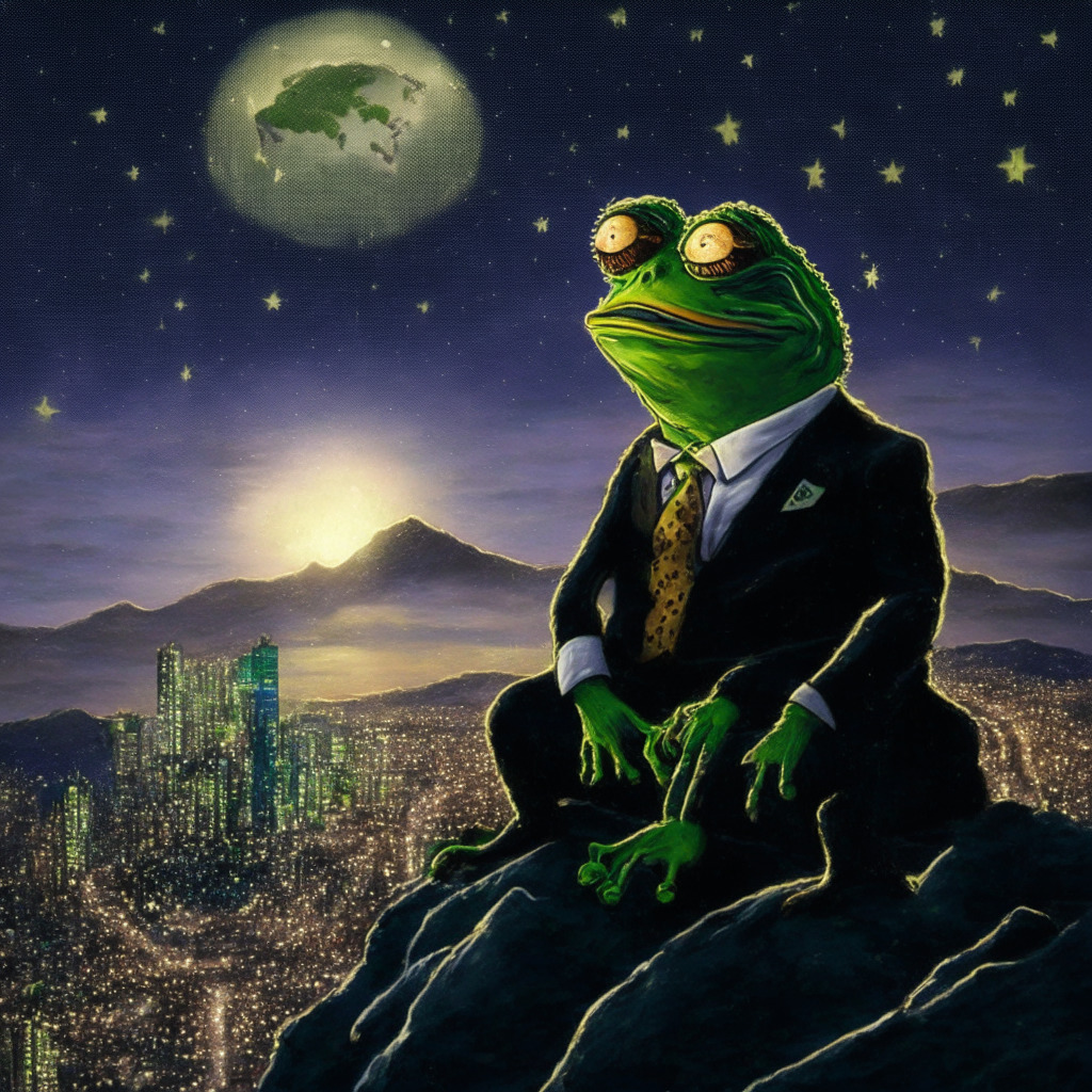 Anatomically accurate Pepe the Frog, with a Wall Street suit, at the lofty heights of a 10,000% gain mountain peak, under the midnight sky studded with coins as stars, with a trail leading to a $1 billion cap Golden City in the horizon. Buzz and anticipation buzzes in the air with the chaotic volatility of the market reflected in gusty winds, a stream of coins trickling downhill, evolving into a roaring 'crypto whale'. The mood is a mingling of exhilaration and cautious optimism in a luminescent, Monet inspired palette.