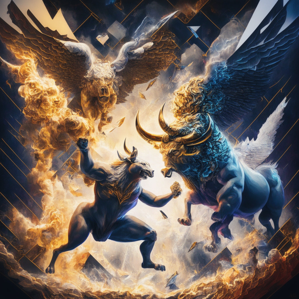 A digital canvas featuring the eruption of a golden bull and a fiercely soaring silver eagle, embodying MAGA and Wall Street Memes tokens respectively, in a battleground of blockchain helixes. The market volatility is pictured by a turbulent storm enveloping the fractal horizon. Vivid cubist tonalities manifest the highs and lows in a chiaroscuro light play reflecting the ambiguous mood of the crypto space.