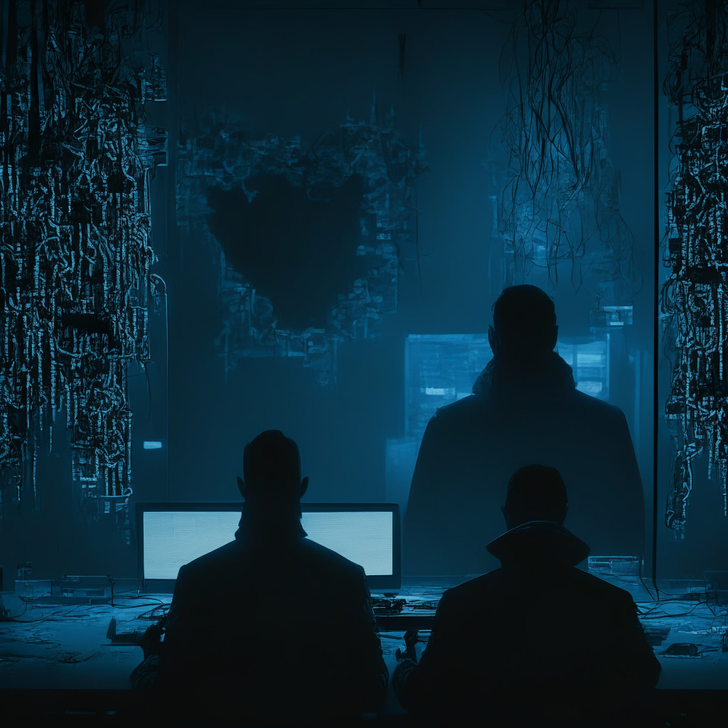 Dark, smoky cyber noir style scene illustrating a digital heist, Bathed in the eerie cold blue light of computer screens, shadowy figures meticulously plot an intricate attack on a crypto payment processor. Convey the somber mood by depicting tension, deception, and despair, intricate phishing traps and social engineering attempts, shadowy LinkedIn conversations. Complete by showing digital trails leading from the successfully breached infrastructure to a treasure trove of cryptocurrencies, symbolizing the $37.3 million loss.