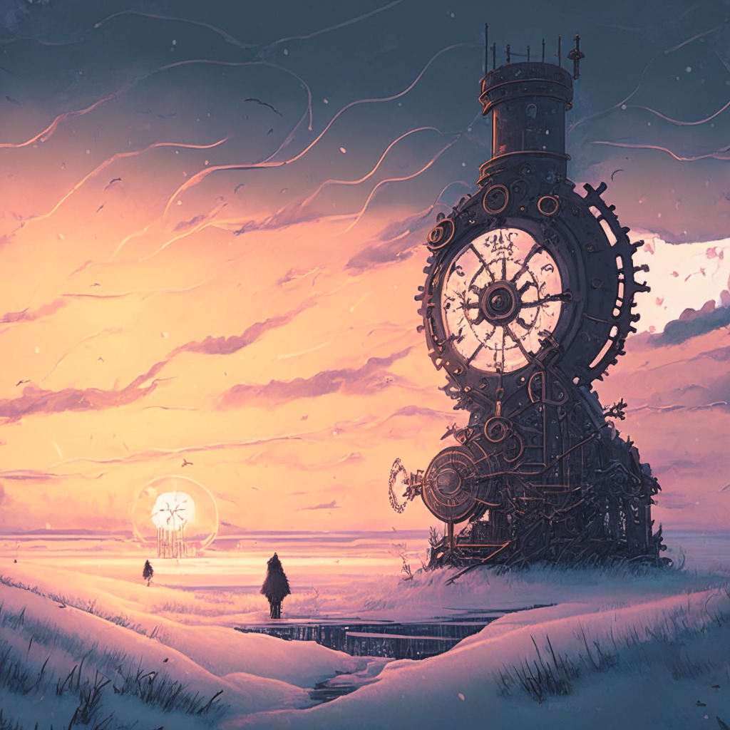 A somber, winter's scene under a heavy, overcast sky in a steampunk style, illustrating the winding down of a large, clockwork mechanism representing the Solana automation protocol. Visual elements of the crypto bear market, such as frost and declining arrows subtly incorporated, conveying sorrow and desolation. A sunrise on the horizon symbolize new opportunities, in calming pastel hues.