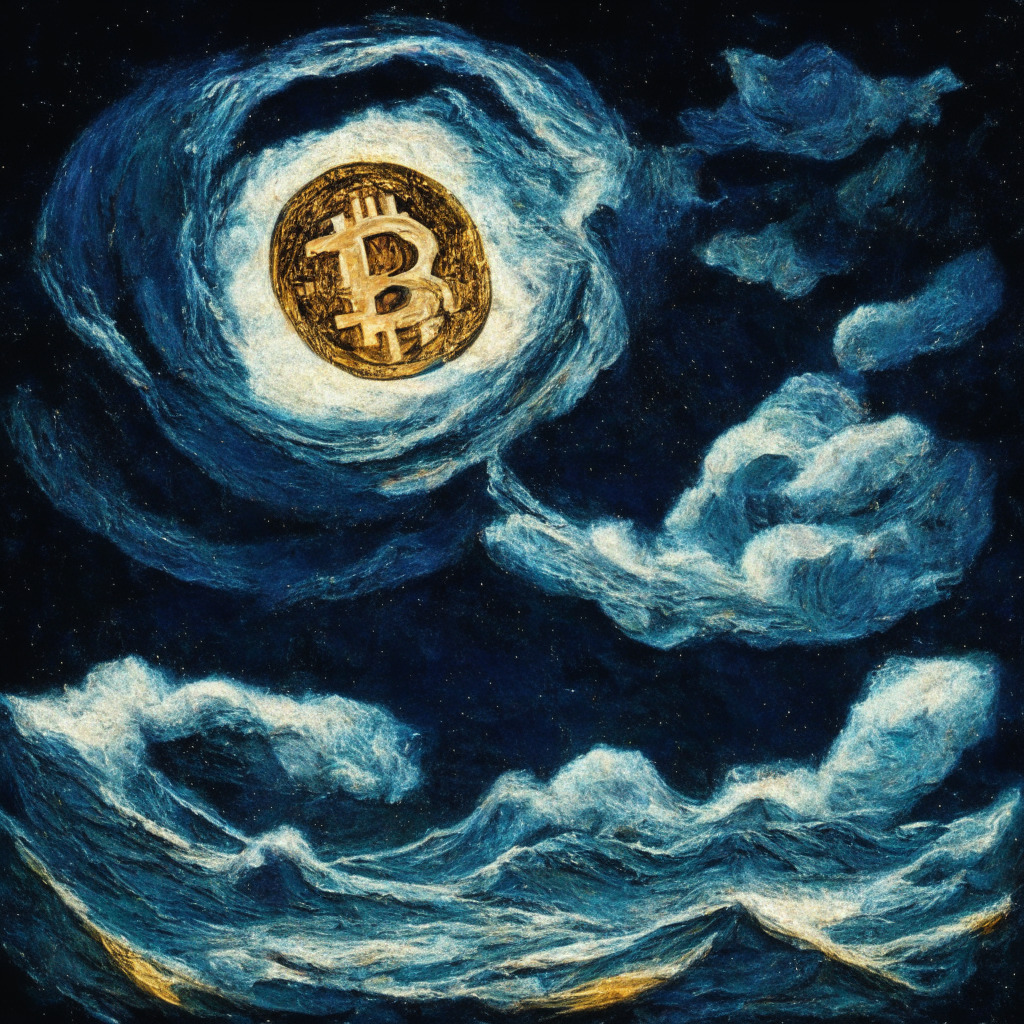 Dramatic representation of two altcoins, TON in a fatal downward spiral, sinking into a turbulent ocean under a stormy sky, reflecting its precarious state, cryptocurrencies falling from its form. In contrast, another altcoin, XRP20, rising upward towards a clear, starlit sky painted in Van Gogh's style, symbolizing its burgeoning success, surrounded by sparks that signify potential gain. The entire scene divided diagonally to differentiate the two scenarios, bathed in the subtle light of dusk to set a poignant mood.