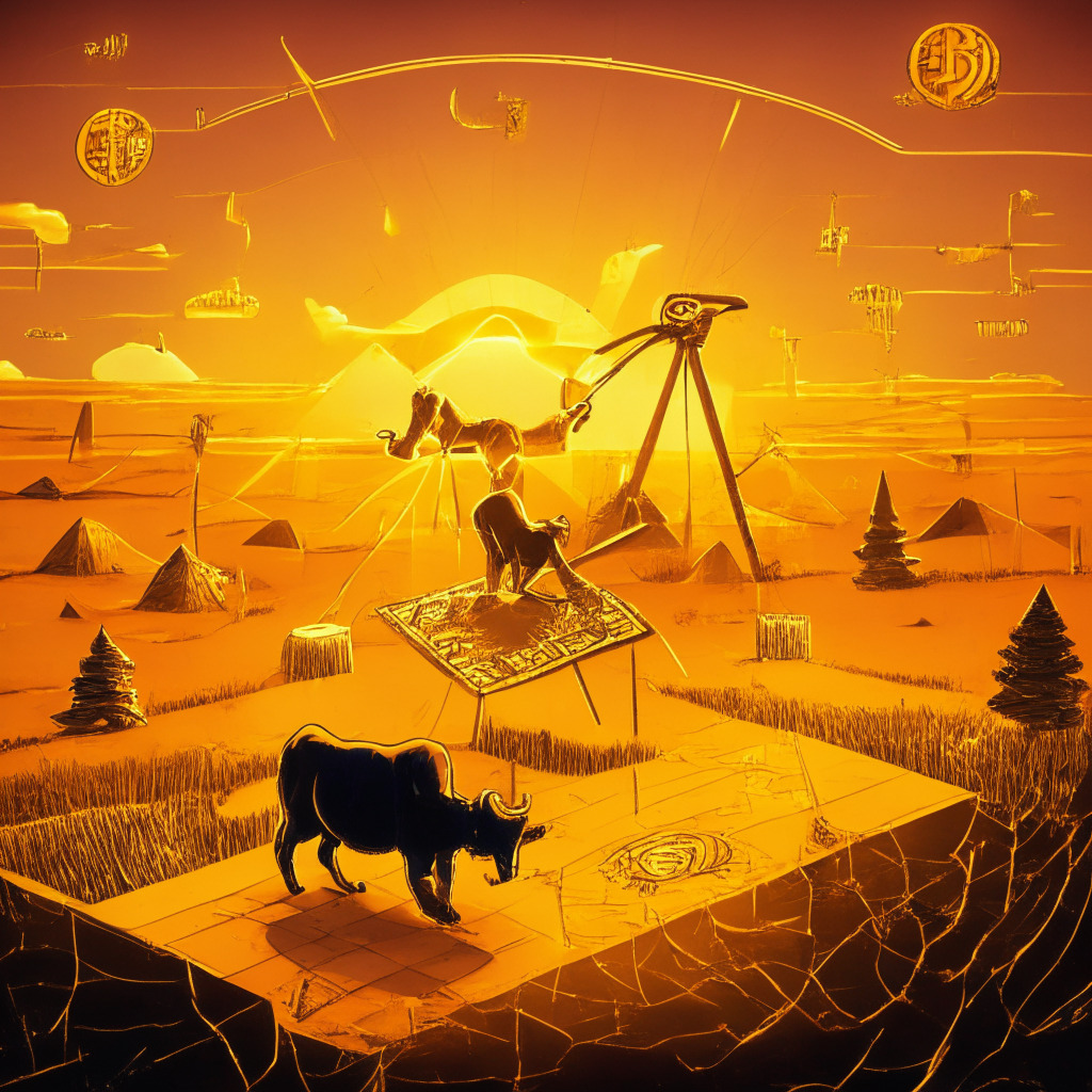 Cryptocurrency economic landscape at sunset, golden network lines symbolizing blockchain power, rocketing coin labelled TON demonstrating a robust rebound, a launchpad called XYZ ready to facilitate access to Web3 ecosystem, investor holding huge tokens, bear and bull balancing on a seesaw projecting a volatile but promising market scenario.