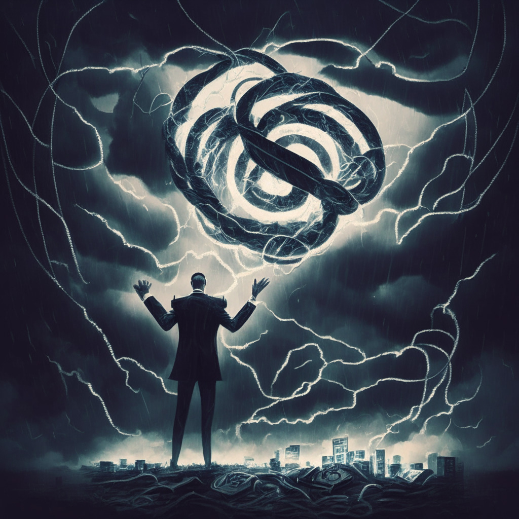 A beleaguered developer under stylised police spotlight, wired handcuffs releasing. His creation, a muted swirling tornado of ethereal cryptocurrency symbols, ominously looms in the gloomy background. Splitting the image, an imposing legal document stamped Prosecuted. A looming question mark hovering beneath stormy skies, an aura of tension.
