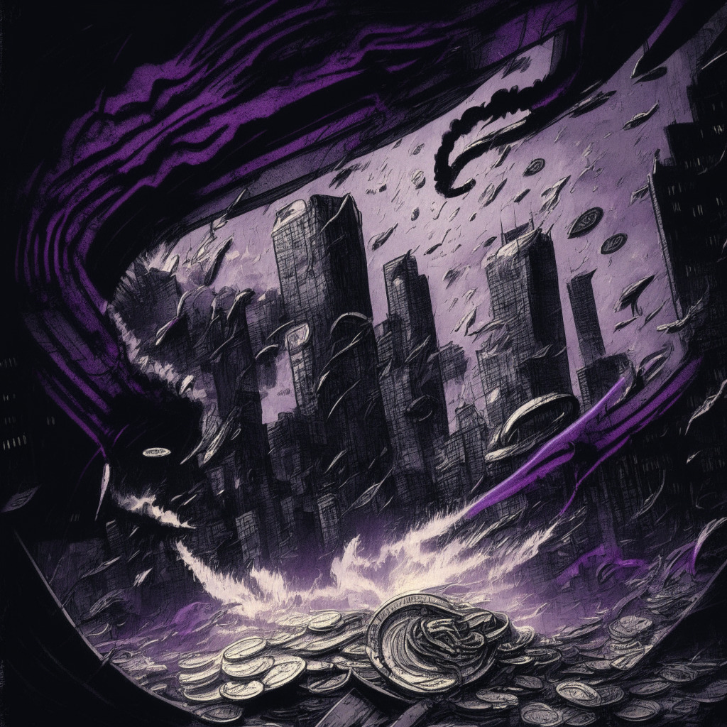 A detailed sketch of a tornado composed of swirling cash, ethereum coins mixed among the bills, on a chiaroscuro-styled, high-contrast backdrop. The tornado looms over a futuristic cityscape, casting a shadow over the scene. The light from buildings emanating a soft, cyberpunk-purple, highlighting the tension between privacy and authority. The mood is tense, reflecting the power struggle in a decentralized world.