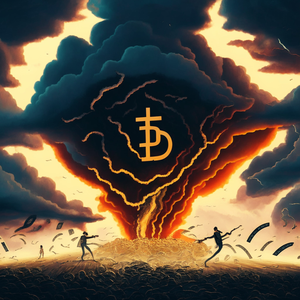 A moment of reckoning in the cryptocurrency world, dominated by a mix of tension, struggle and potential implications. A scene capturing a symbolic tornado, representing Tornado Cash, caught in a storm of legal conundrum. The seeding clouds represent law enforcement looming large. Figures, grouped in twos, represent the two founders - shadowed, facing accusations, under fiery sunset hues depicting peril. Twisted paths ahead suggest the circuitous routes of clean and illicit money. In the backdrop, an imposing silhouette of justice scales suggesting law enforcement. The style is a blend of realism and expressionism, in sharp, contrasting light, invoking a mood of drama and suspense.
