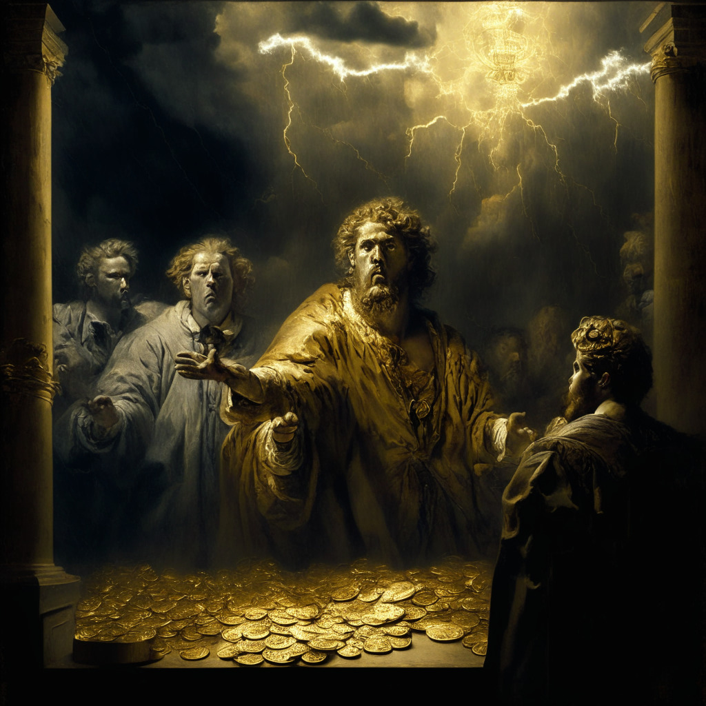 Tumultuous storm brewing over a network of interconnected gold coins symbolizing crypto, two main figures, representing the indicted co-founders, arrested and standing in court, a nebulous figure in the background for the third awaiting trial. Cast in a Rembrandt-inspired chiaroscuro to create a dramatic and intense atmosphere of this crucial legal moment, a gloomy mood prevails, blending a sense of scrutiny with an undercurrent of innovation restraint.