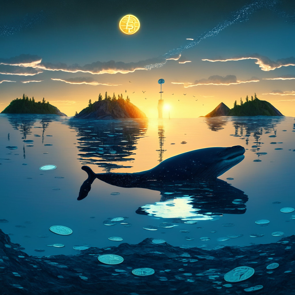 A surreal financial landscape glowing under a twilight sky, Bitcoin represented as a serene, giant coin hovering above still water. Glass-like altcoins, TON, XMR, MNT, QNT, scatter the landscape, some poised on the brink of upturn, others in the clutches of downturn. Large whale creatures represent seasoned investors. A bright light from a horizon signals uncertainty and hope.