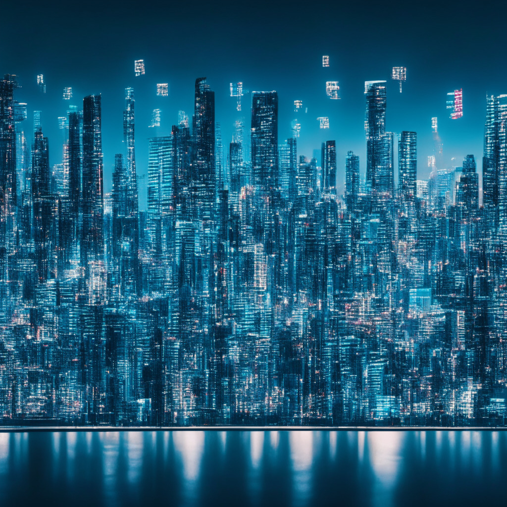 A panoramic view of Hong Kong's financial district at dusk with skyscrapers made up of digital data and code, symbolizing the ongoing digitalization of bond markets. Sprinkled throughout are small, ethereal tokens, indicative of the emerging tokenization. An impressionistic style with vivid neon lights reflecting off a silver-gray sea, the image radiates anticipation and uncertainty, as the day transitions into night, signaling the changes in the financial sector. The cityscape subtly fades into a distributed ledger book, the pages flipping gently, suggesting the transformational shift underway. The mood is a mix of intrigue and apprehension, symbolic of this uncharted territory.