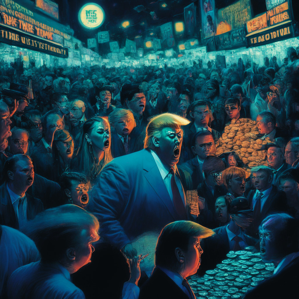 A night market scene, packed with people carrying physical representations of TRUMP meme tokens and Wall Street Memes tokens, traders in various stages of euphoria, fear and anticipation, trump dominating while Wall Street Memes tokens emerge. Moonlight enriches the gleaming coins, lending a chiaroscuro effect. A cyberpunk art style, embodying the drama and unpredictability of the crypto market.