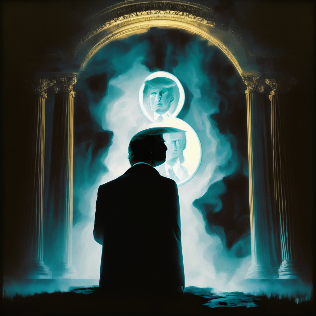 An atmospheric depiction of a tableau with Donald Trump, confidence emanating, staring contemplatively at an ethereal Ethereum coin glowing with resplendence. This scene transpires against the silhouette of a looming White House. The prevailing experience should ooze melancholy tinged with intrigue. Artistic style: Surrealist with heavy contrast.
