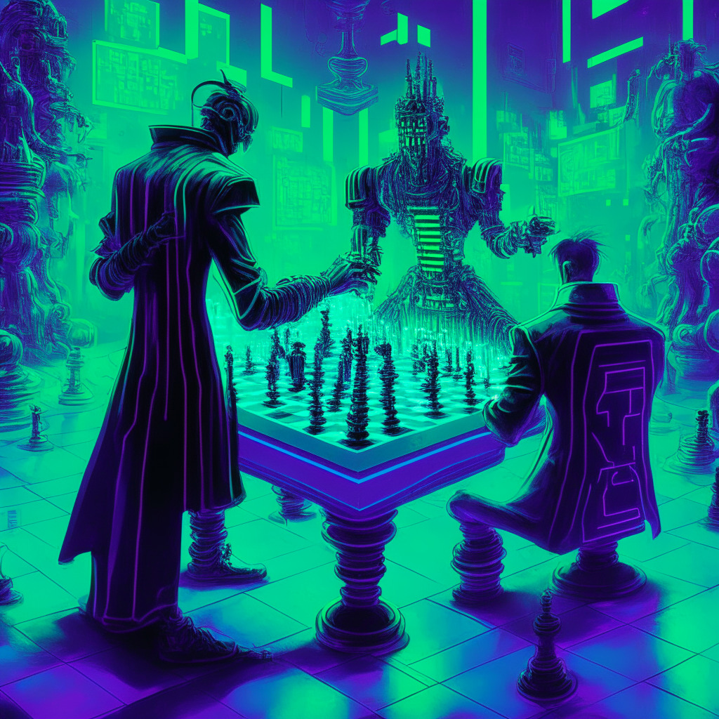 An elaborate, Futurist-style depiction of a digital marketplace, alive with Matrix-style code, in tones of neon greens and blues, illuminating a dramatic chess game. The leading figure, an intrepid NFT trader, is cleverly outmaneuvering a mechanical bot, referencing the scheming play in a volatile NFT market. This vibrant scene captures an atmosphere of suspense, cunning strategy, and underlying caution.