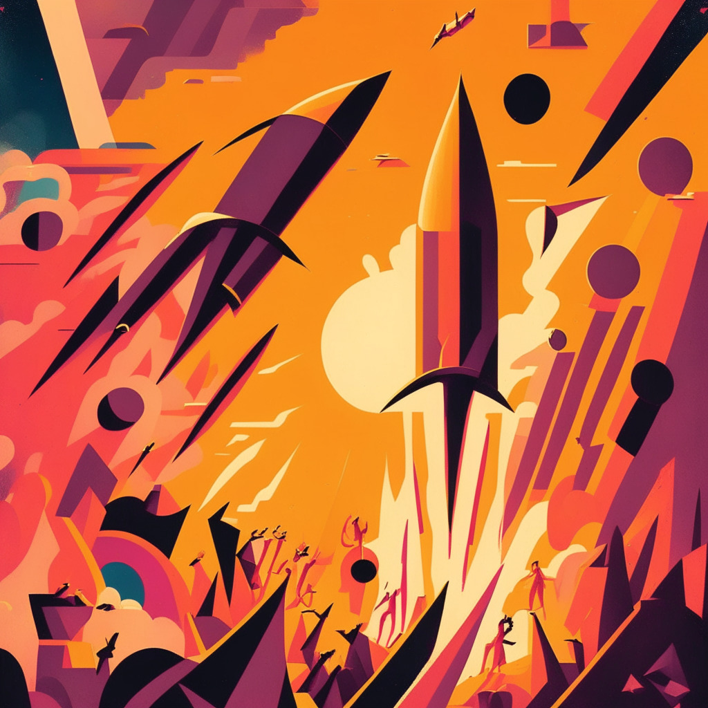 An abstract representation of a speeding rocket soaring upwards, lit by the orange and pink hues of a setting sun, and a crowd of small, shapeless figures watching in awe and speculation. The style is reminiscent of modern cubist art, evoking a sense of awe and intrigue at the rocket’s sudden ascent. The figures exude a sense of eagerness and caution reflected in their ambiguous forms. The mood is tense yet energetic, mirroring the unpredictability and high stakes of the crypto markets.