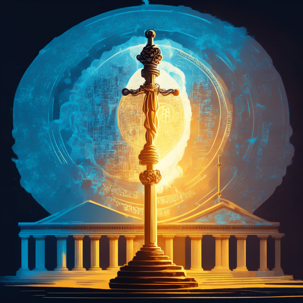 Depiction of a large, intricate scale balancing two elements: on one side, a vibrant crypto coin symbolizing innovation and growth, glowing with a warm, hopeful light. On the other, a stern gavel representing regulatory threat, cast in a harsh, cold light. Background: A stylized Capitol Hill indicating legislative activity, under a sky shifting between bright day and ominous storm clouds. Mood: A tense equilibrium.