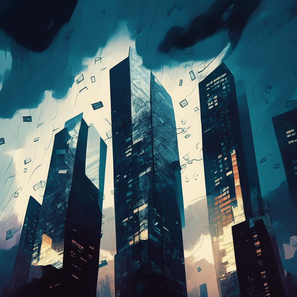 Dusk lit financial district with towering skyscrapers, signs of turmoil reflecting off glass windows. Dollar bills hastily transforming into flying digital bitcoin symbols, spiraling into a cloudy, tempest-tossed sky. The scene painted in a semi-abstract style, mood shifting from uncertainty to hopeful anticipation.