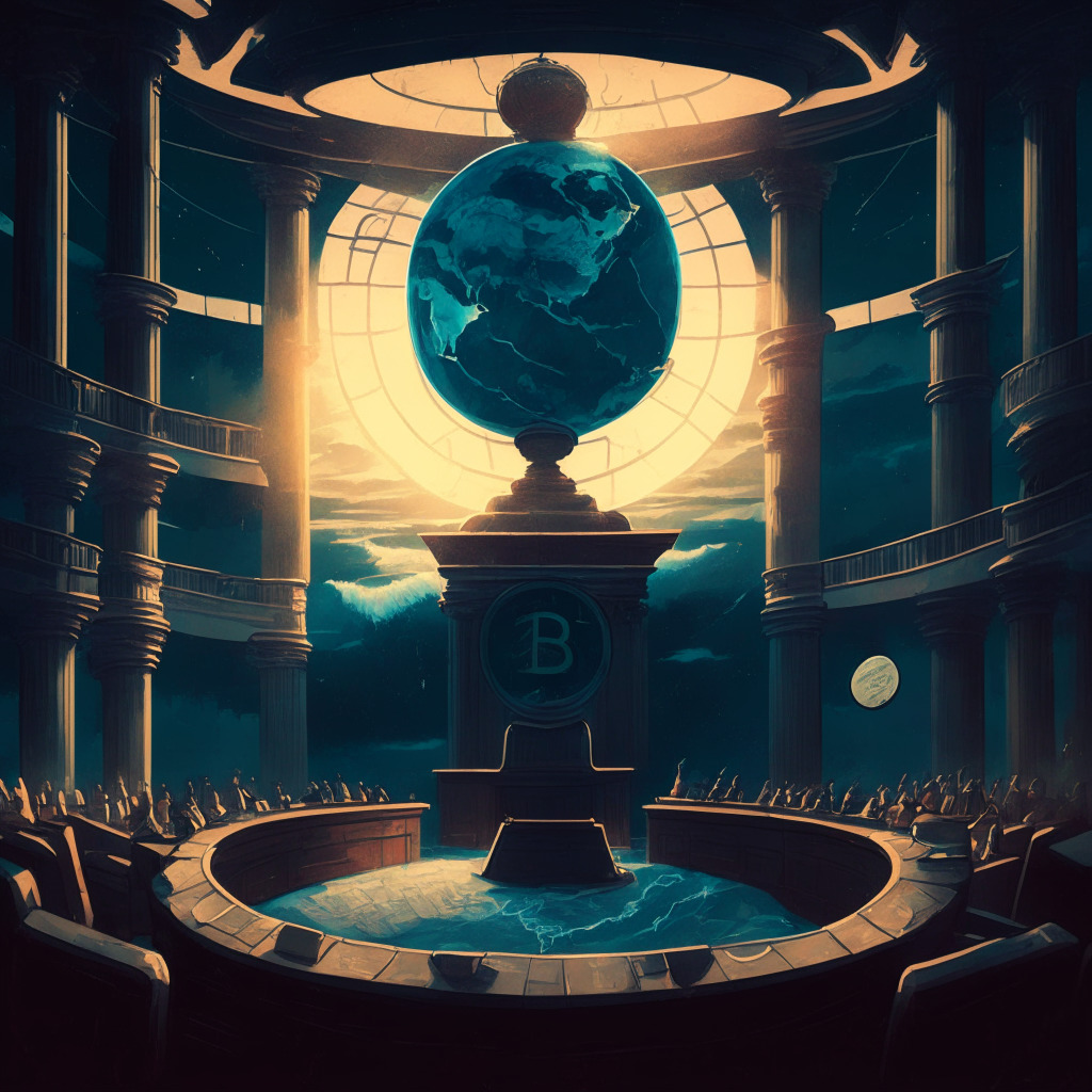 A courtroom bathed in suspenseful, churning twilight, with a giant symbolicBalance of Justice outweighing a Bitcoin. In the foreground, a cracked globe emanates light, illustrating global decentralization. A tumultuous sea in the background signifies turbulent market, all in a surrealistic style evoking a mood of uncertainty and anticipation.