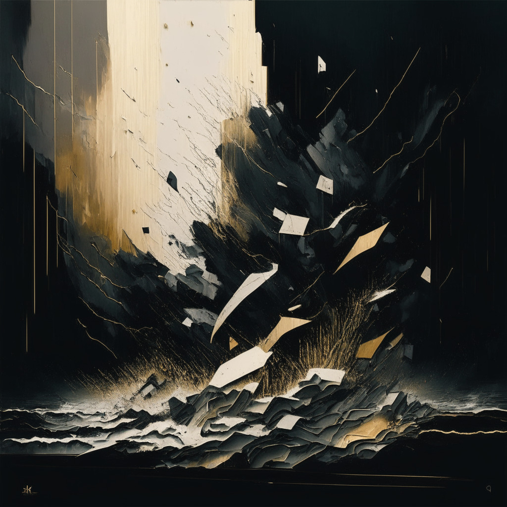 A crisp image depicting the UK crypto market under a storm, with tiny depictions of crypto businesses weathering the tempest, rendered in an abstract art style. Use a darker, solemn palette to imbue a sense of gravity and challenge, with subtle golden hues to symbolize resilience.