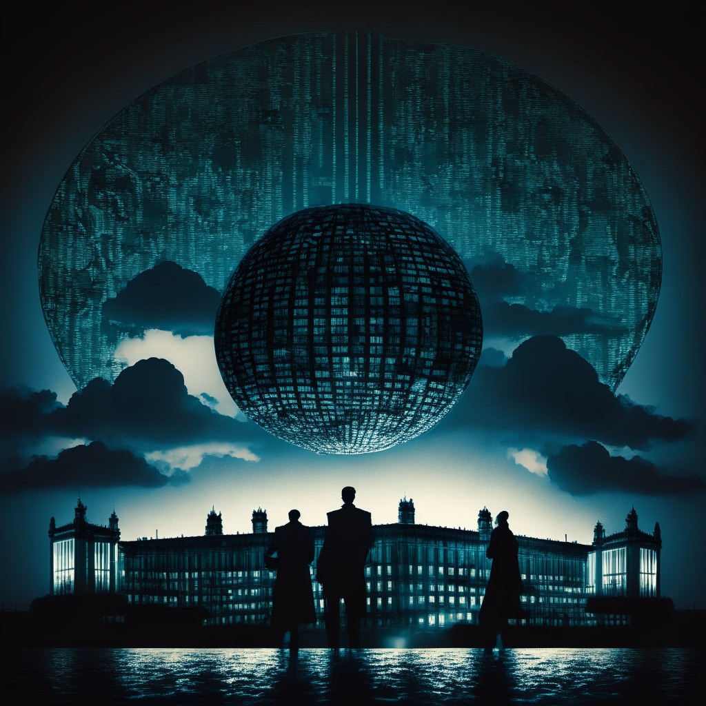 Murky metropolitan night view highlighting globe-shaped digital manifestations representing crypto-assets, an imposing government building symbolizing the UK National Crime Agency. Four silhouettes represent new investigators, intertwined threads of light showing data amalgamation. Mood: cautious optimism under a stormy sky, hinting financial backlash, tension between privacy and regulation.