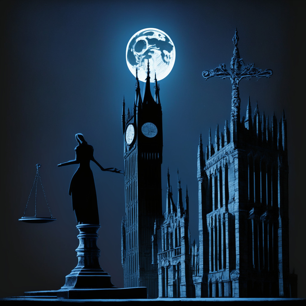 A neo-gothic-style representation of the UK, bathed in cold moonlight, balanced scales representing the debate over cold calling in the foreground. Shadows hint at potential crypto scams, while a sturdy edifice in the background symbolizes lawful financial corporations. Subtle hues hint at apprehension and uncertainty, creating a mysterious mood for the viewer.