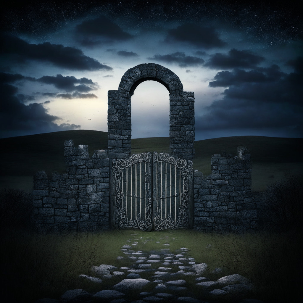 A metaphorical representation of the UK regulatory landscape, a large gate in a high stone wall, embellished with symbolic references to crypto. The atmosphere is a mix of desolate and hopeful, under a dusky sky signifying uncertainty. The gate slightly open, with few diminutive figures making it through, symbolizing the few successful firms. The ground littered with discarded tokens or coins, representing applications withdrawn or rejected. The style of the image should echo realism with a touch of cynicism and resilience.