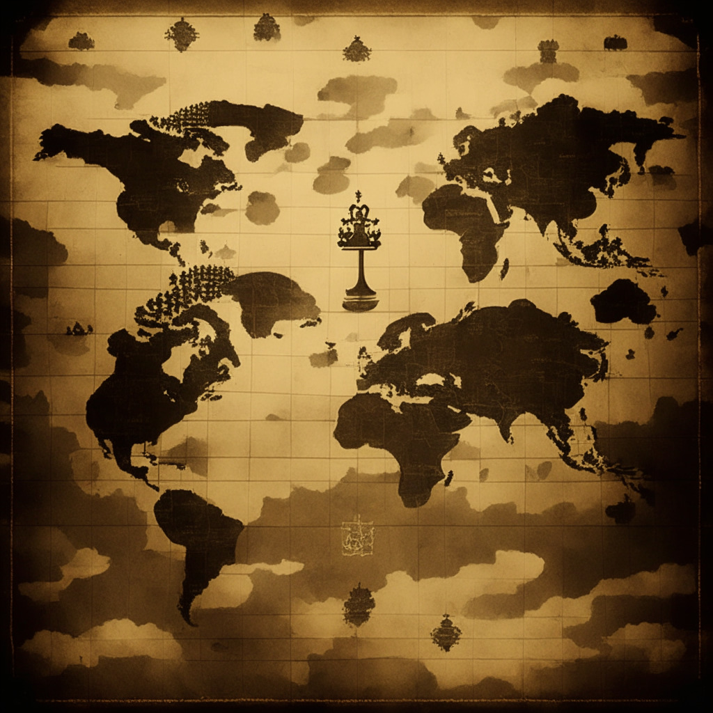 A tense world map, heavy clouds representing US and China over a chess board with chess pieces resembling AI and cybersecurity symbols, vintage sepia toned style. Lightning, casting dramatic shadows, hints at conflict and discord. Mood is suspenseful, uncertain, yet intrigued. Background captures ripple effects on the EU and UK.