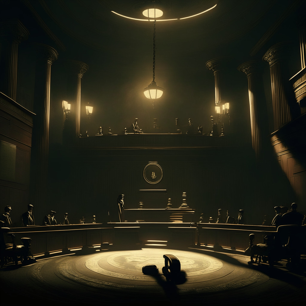 A dimly lit scene, resembling a vintage courtroom. At the center, a large, ornate scale symbolizing compliance and regulation, tipping towards a pile of coins, abstractly representing stablecoins. In the background, unclear figures veil in shadows, unveiling the mystery of regulatory standards. Chiaroscuro lighting underscores tension and drama, the mood being apprehensive yet intriguing.