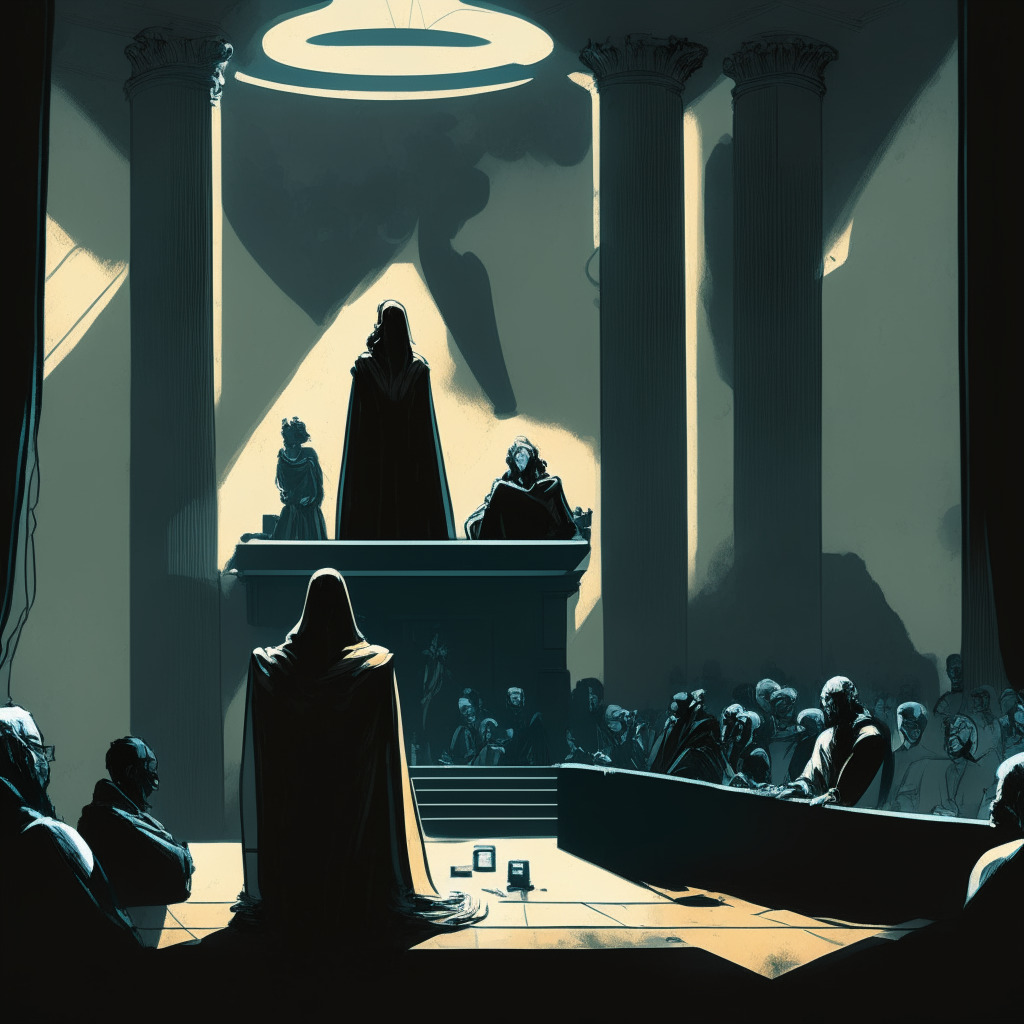 Dramatic courtroom scene, dimly lit, shrouded in shadows, reflecting an air of serious controversy. Seven indistinct figures huddled adjacent, representing the besieged blockchain experts, ambiguously visible. In the background, hints of the iconic Lady Justice, blindfolded, scales in hand. A secondary layer unveils a contrasting eco-friendly Bitcoin scene in cooler, softer tones reflecting sustainable aspects. Mood: Tense meets serene.