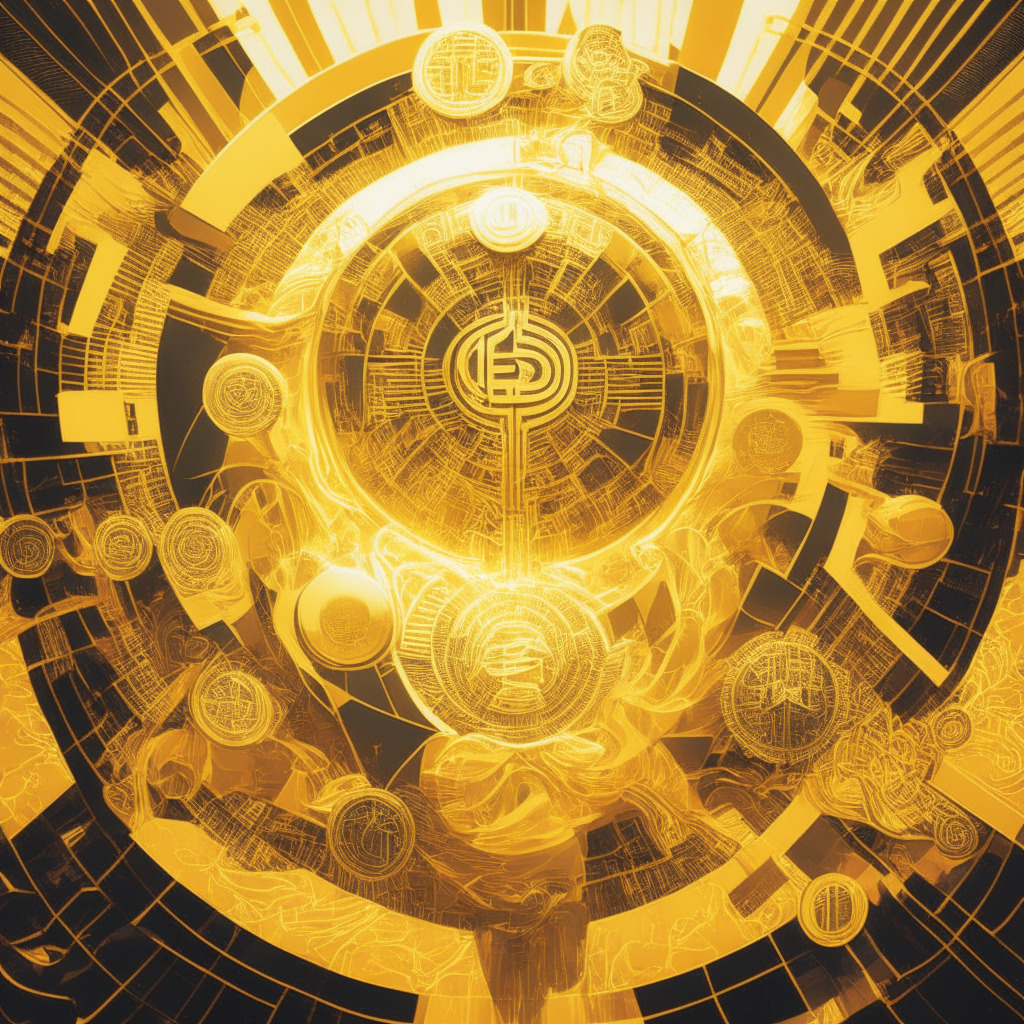 An abstract representation of U.S. dominance in cryptosphere, a bright golden insignia of dollar sybol, surrounded by swirling cryptocurrency symbols, like Bitcoin and Ether, forming an ETF landscape. Bathed in a warm, golden light, conveying a sense of domination and potential. Artistic style: Futuristic with the hint of Cubism, setting a dramatic and intense mood.