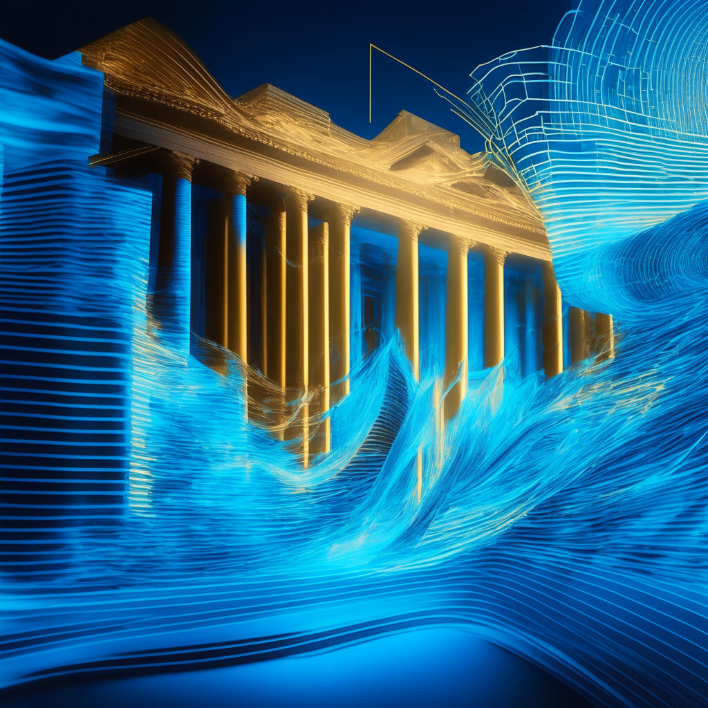 An abstract visualization of a digital wave sweeping through a classical financial institution, richly transforming it into a modern, decentralized blockchain structure. The light is ethereal; with hues of blues representing the digital transformation and traditional golden tones signifying the stability of U.S. Treasury bonds. The mood to evoke is both daring and optimistic, alluding to the rapid growth, the promise of the future, yet peppered with subtly placed caution signs to represent the unpredictable nature of the cryptocurrency market. The scene should carry an essence of a tension-filled competition, highlighting the race of rival blockchains vying for tokenizaton dominance. The artistic style should be a fusion of futurist and cubist influences to depict this collision of the old and new worlds.