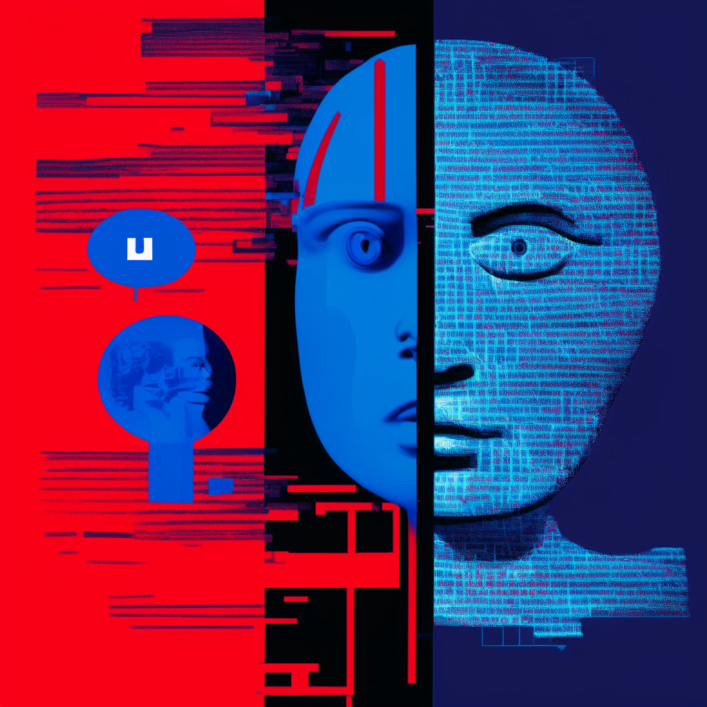 A juxtaposition of AI chatbot and political symbols, dipping in hues of blues and reds. The chatbot emanates a faint blue glow indicating its supposed bias, while political icons for Democrats and Republicans, UK's Labour Party, and Brazil's Lula are seen balanced on an invisible spectrum. A soft, underlying tension cloaks the scene, hinting at controversial discussions and discord. An illustrative style, with a slightly ominous twilight setting.