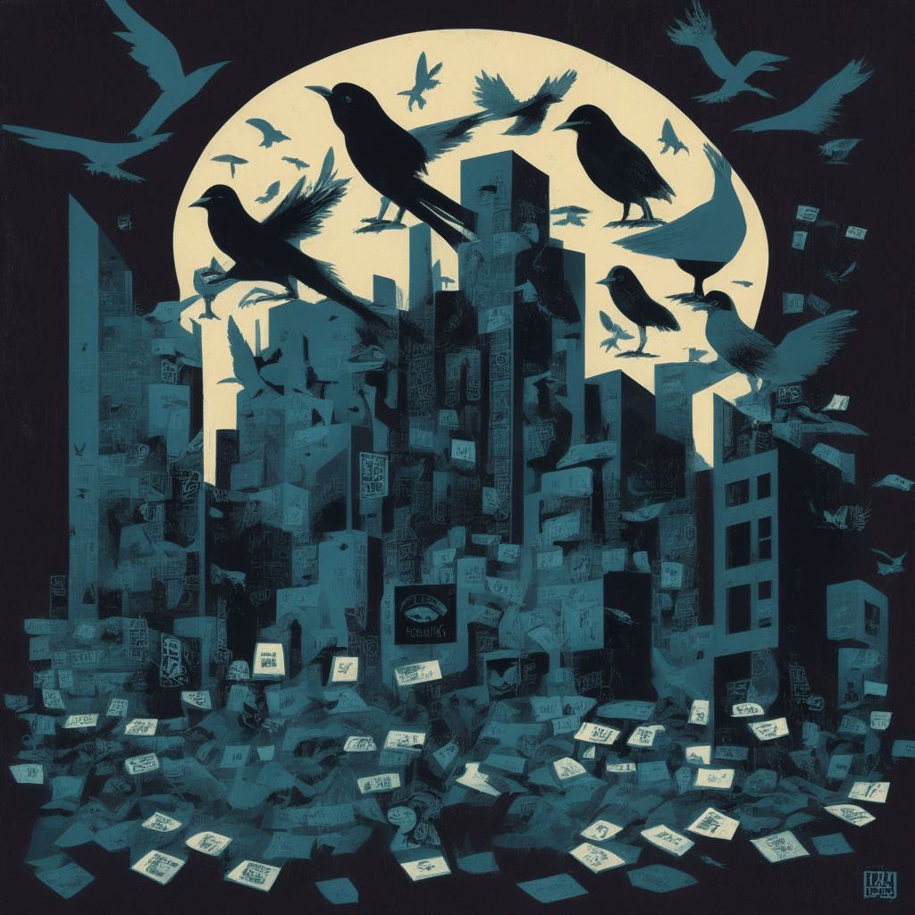 A thought-provoking, dystopian image of financial narratives unfolding, nocturnal with clandestine undercurrents. Showcase an abstract representation of tokens like BOBA, GALA, IMX, RNDR, SPELL, and PEPE surging in a shadowy marketplace. Incorporate silhouettes of Twitter birds, hinting at suspicious activity, symbolizing orchestrated chaos. Layer the scene with ominous undertones, subtly portraying concerns of artificial inflation's effect on the market and its implications for a blockchain future.