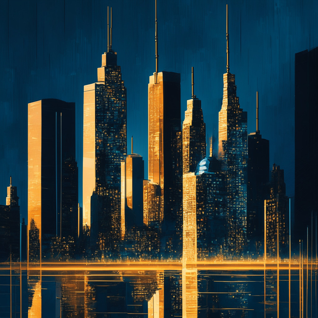 A twilight finance cityscape, resplendent in subdued, monochromatic blues with bursts of gold and copper. Centrally, a towering, high-tech stock exchange structure mirroring a Bitcoin coin. North, a symbol of Canada, such as a maple leaf or iconic landmark, rendered in impressionistic style. Mood: contemplative yet hopeful.