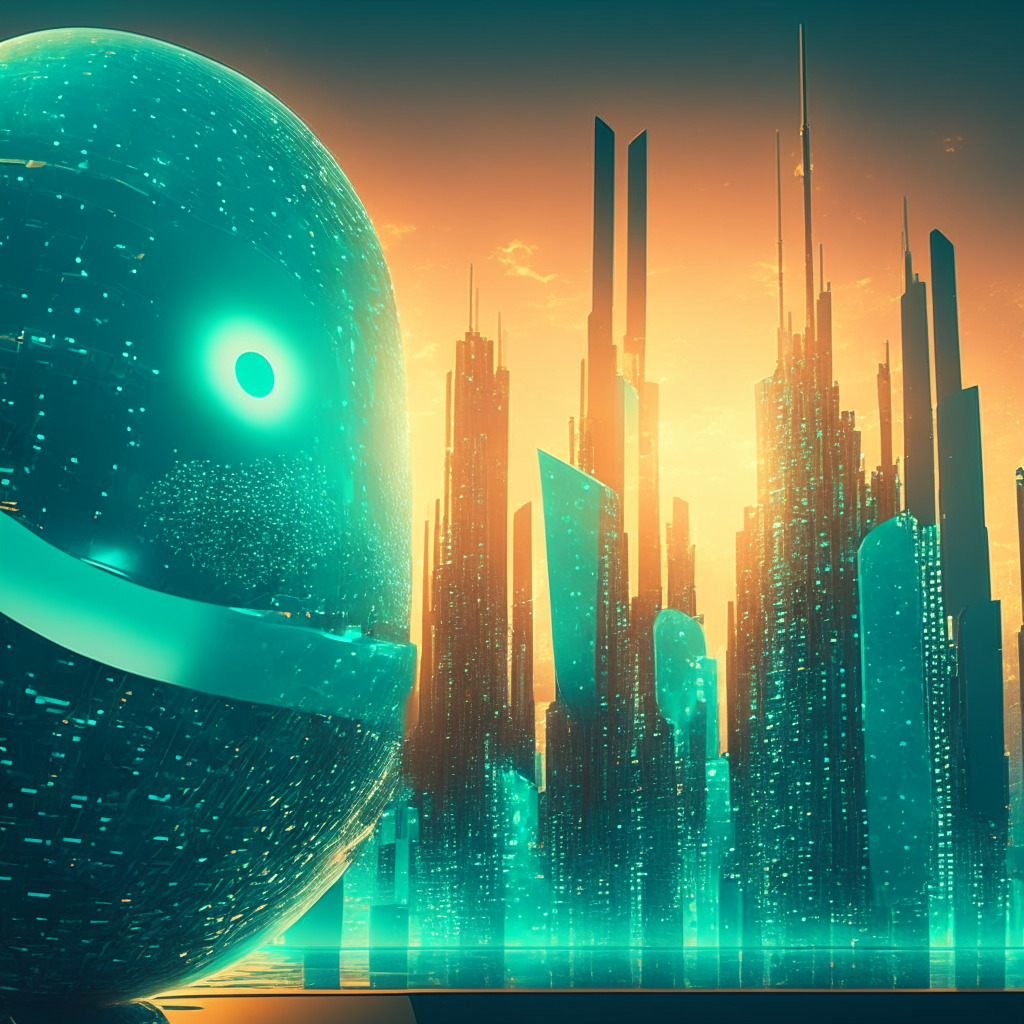 Depict an energetic sunrise over a futuristic cityscape, imbued with an air of excitement and potential. Within the scene, finely detailed GPU units stand tall like skyscrapers, radiating a soft teal glow, representing the rise of Render. Concurrently, depict spheres of pulsating intelligence, symbolizing the robust AI analytics and the influence of Nvidia. Subtly hint at the tokens, appearing as sparkling points of light within the skyline like starry constellations. Aestheticially emphasize a 'cool-off' atmosphere through a palette of soothing blues and purples, indicating a possibly bullish market. Capture a sense of vibrancy and exhilaration but also give a notion of high-risk and unpredictability.