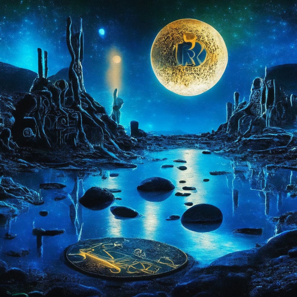 A vivid, cyberspace landscape bathed in moonlight, embodying the spirit of innovation, uncertainty, and potential. On a foreground stand Two distinct, radiant coins, one noticeably larger, symbolic of Ripple and its spinoff, XRP20. In the background, a contrast of deflationary dark abyss and staking reward galaxies, conveying a dual sense of caution and promise. Art style in the realm of surrealism, creating an enigmatic mood.