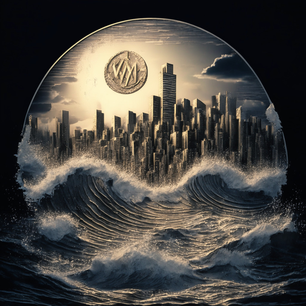 Dystopian cityscape at twilight, dominated by a large crashing wave, symbolizing the market turmoil, casting long shadows. A silver coin inscribed with CRV at the bottom of the wave, a sign of the token's plummeting value. Contrastingly, a golden XRP20 coin at the crest of the wave, elevated, showing the rise of a new player in the crypto market. In the distant horizon, a faint glimmer of light breaking through the thick, stormy clouds, hinting towards potential market recovery.