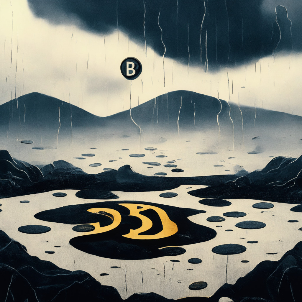 A gloomy, abstract landscape illustrating the turbulent cryptocurrency market. Mid-ground: Two coins spiraling downward, representing XRP and Cardano. Background: A lesser coin, signifying Binance, shrinks visibly. Foreground: Bitcoin and Ether stand tall but motionless. Atmosphere balances between stark realism and expressionist gloom, capturing the fading 'buy the dip' enthusiasm. Art Nouveau-inspired elements showing equity markets flourish despite chaos.