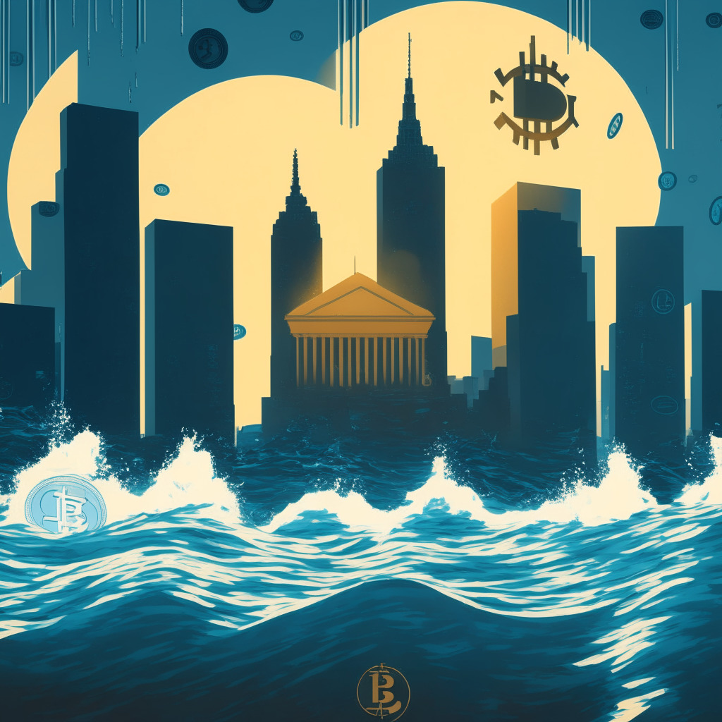 A dusky scene depicting a stylized stock market with symbols of various cryptocurrencies sinking into a turbulent sea, Bitcoin standing prominently amid declining values. In the backdrop the silhouette of the U.S Securities & Exchange Commission building, casting a long shadow over the scene, indicating hesitation & insecurity. Switch to brighter hues highlighting Ripple and Cardano, floating optimistically. Global map in the background marked with red and green dots to signify territories experiencing outflows and inflows respectively. Art-deco style, gloomy mood, a flicker of hope, under overcast skies.