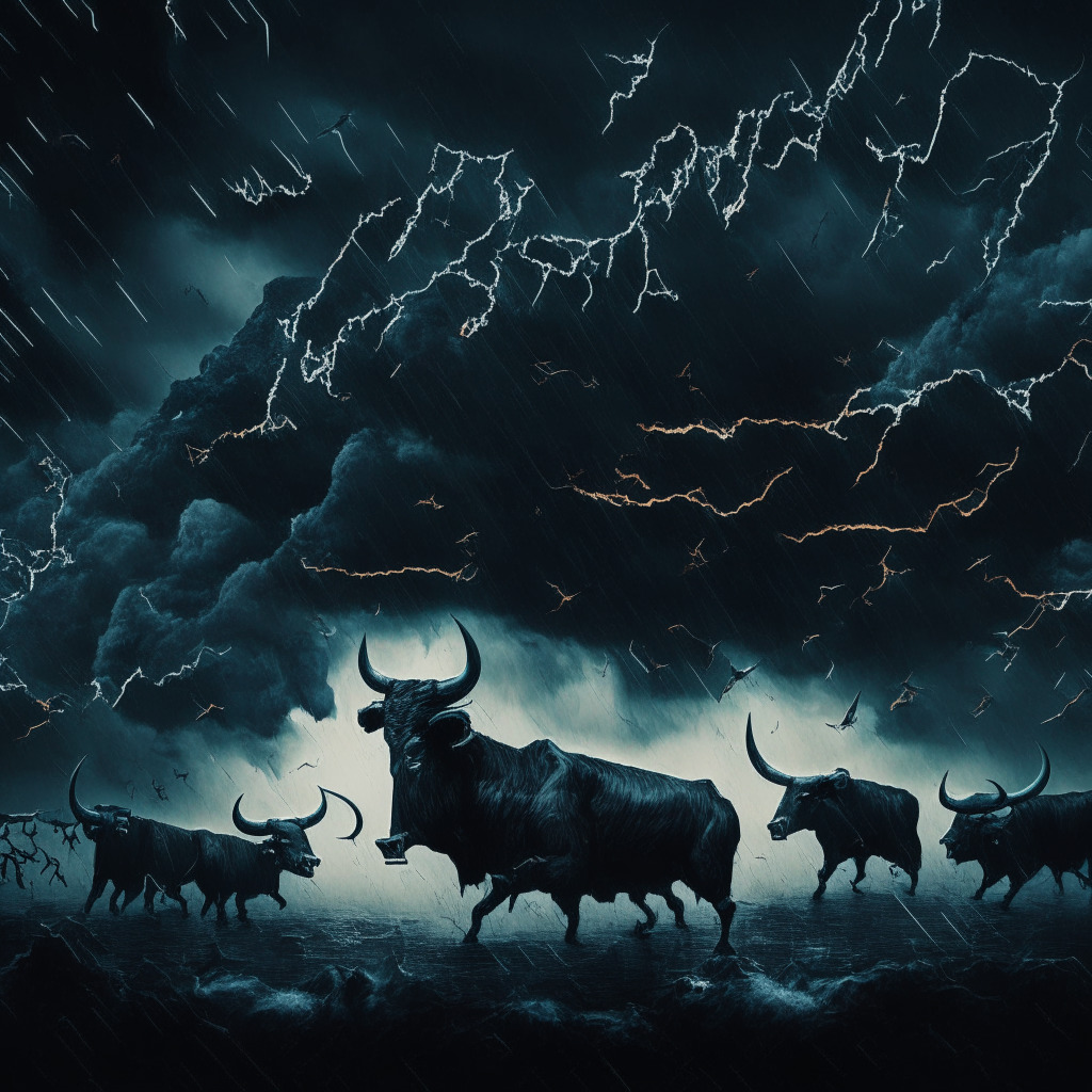 Dark-toned, high contrast image of an abstract digital crypto-market, capturing the tension and volatility indication. Feature symbols of Bitcoin, digital graphs, outnumbered bulls and bears within a chaotic storm, mimicking the tail-risk factor, under a tempestuous midnight sky.