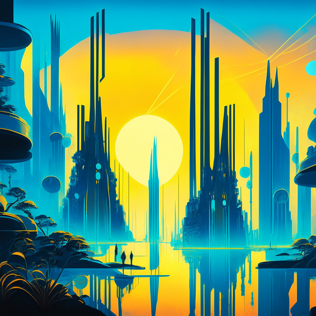 A vibrant digital landscape during dawn, lush with futuristic buildings, a glowing stream representing blockchain, & an ascending sun signifying optimism. Incorporate a surrealist painting style, with hues of steel blue & gold. The mood should reflect a sense of high stakes, bold endeavors & the hopes of pioneering innovation in technology & venture capital. Add shadowy figures symbolizing the unpredictable swings yet the unwavering belief in exploring unchartered territories.
