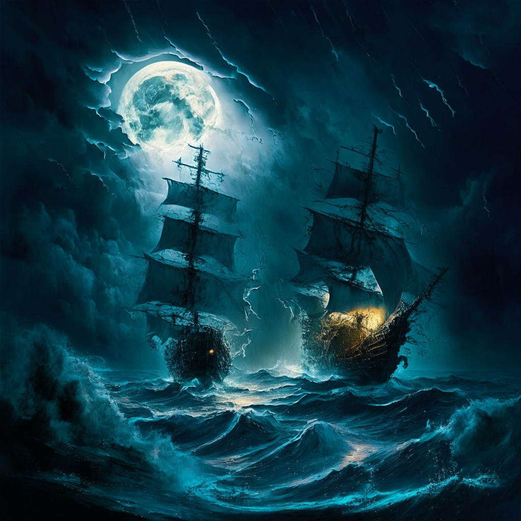 A chaotic storm illuminated by moonlight revealing a large symbolic ship named CertiK on turbulent waters with another smaller emerging ghost ship named Crypto Cars, both amidst a tempest, representing a dramatic clash in a surrealistic style. Foreboding scenery suggests uncertainty and tension, with an air of anticipation around the conflict resolution.
